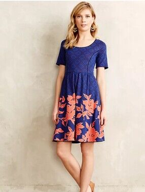 Anthropologie Navy and Coral Floral Fit-and-Flare Mini Dress
